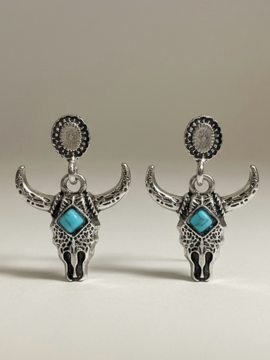 Jewelry - Western Boho Steer Skull Dangle Silver Tone & Turquoise Post Earrings New 3/$15✨